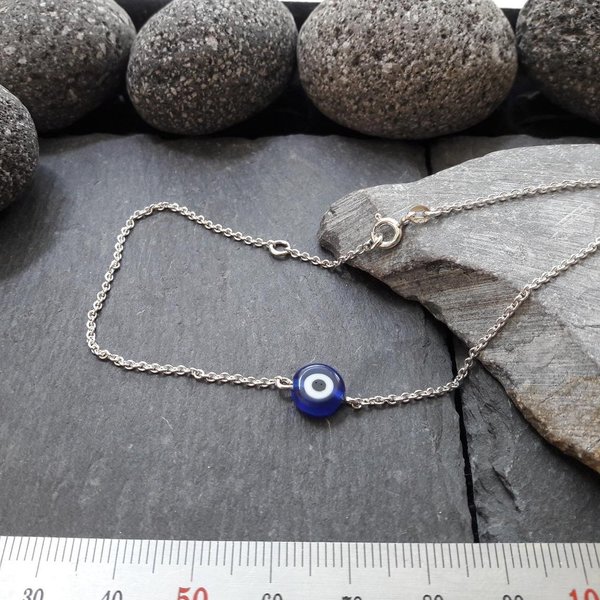 Fusskette - 1,5 mm Rundankerkette in 925er Silber mit Glücksauge aus Glas, dunkelblau oder hellblau
