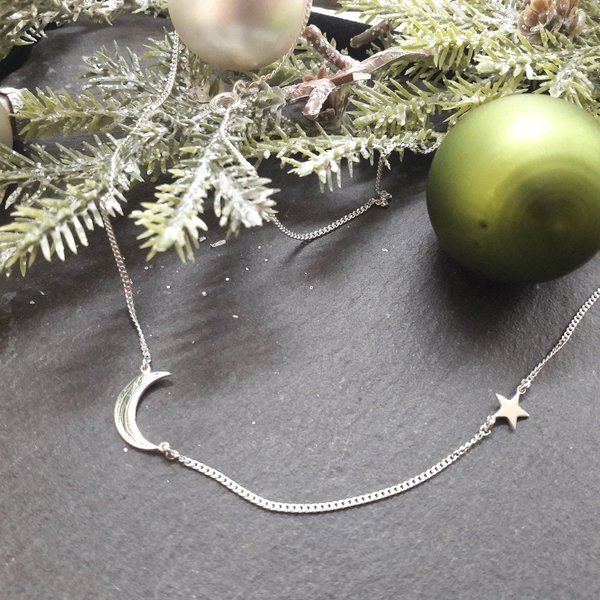 Halskette mit Sichelmond & Stern in 925er Silber, Mond und Stern Kette