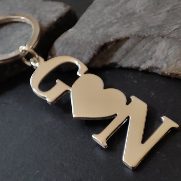 Schlüsselanhänger mit zwei Wunschbuchstaben und einem Herz in 925er Silber, Schlüsselring (SA-06)